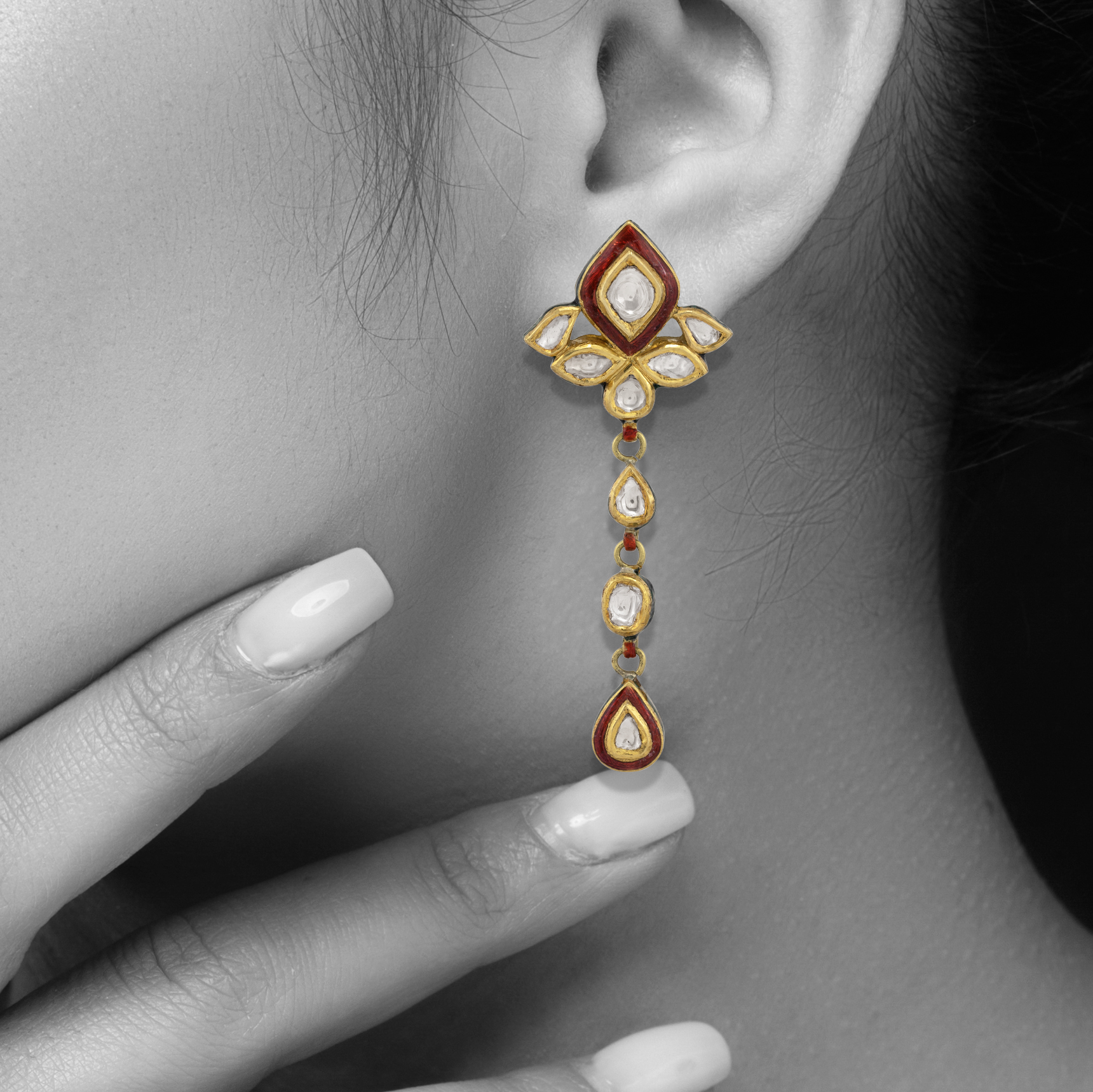 Teardrop Polki Earrings with Red Enamel & Cascading Design